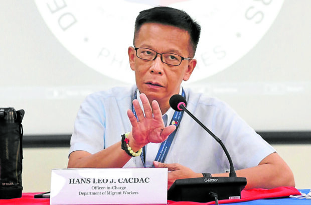 DMW OIC Hans Leo Cacdac at the press briefing held in the Department of Migrant Workers main office providing updates on affected nationals and OFWs caught in the middle of the Israel-Gaza conflict plus latest efforts from the national government. Cacdac said the department is bracing for repatriation and are (in the process of) helping to prepare flights for OFWs. LYN RILLON/PHILIPPINE DAILY INQUIRER