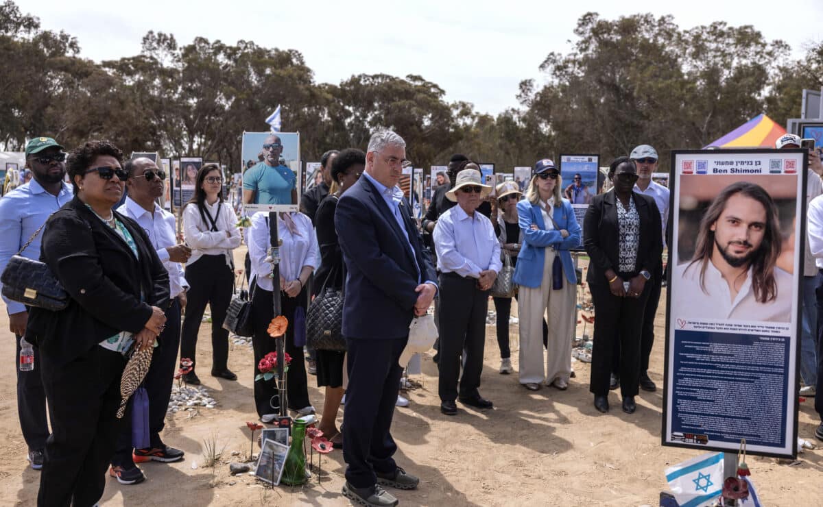 Members of a delegation of UN Ambassadors visit a memorial for the victims of the Nova Festival attack by Palestinian militants on October 7, 2024, at the site of the attack near Kibbutz Reim in southern Israel on April 27, 2025. — Photo by Agence France-Presse