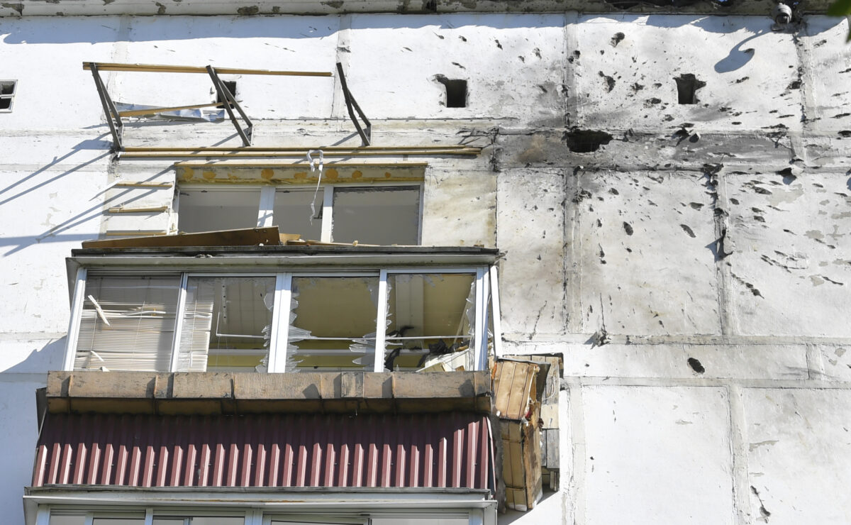 This photo shows an apartment building where the downed Ukrainian drone fell at in Moscow, Russia, Tuesday, May 6, 2025. (AP Photo)