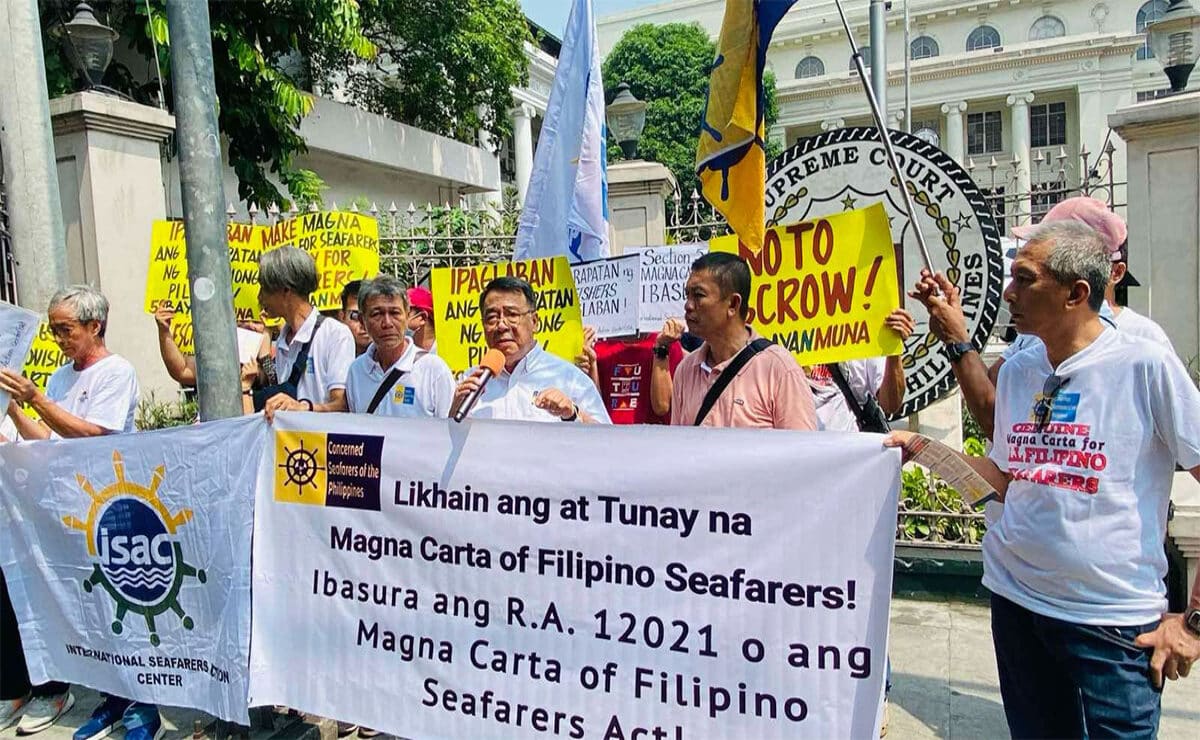 A coalition of seafarers’ groups together with party-list group Bayan Muna on Tuesday asked the Supreme Court (SC) to stop the implementation of Republic Act No. 12021 or the Magna Carta for Filipino Seafarers and its implementing rules and regulations (IRR) for violating the Constituion. Photo from Bayan Muna